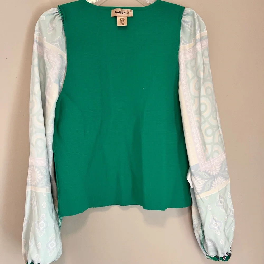 Bailey 44 Green Ribbed Knit Boho Satin Ballon Sleeves Top sz XL - Picture 7 of 12